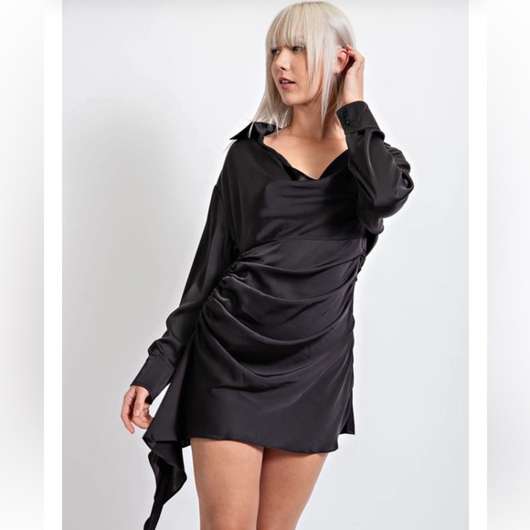 Satin cowl neck rouched detail long sleeve mini black dress. NWT. - Picture 3 of 6